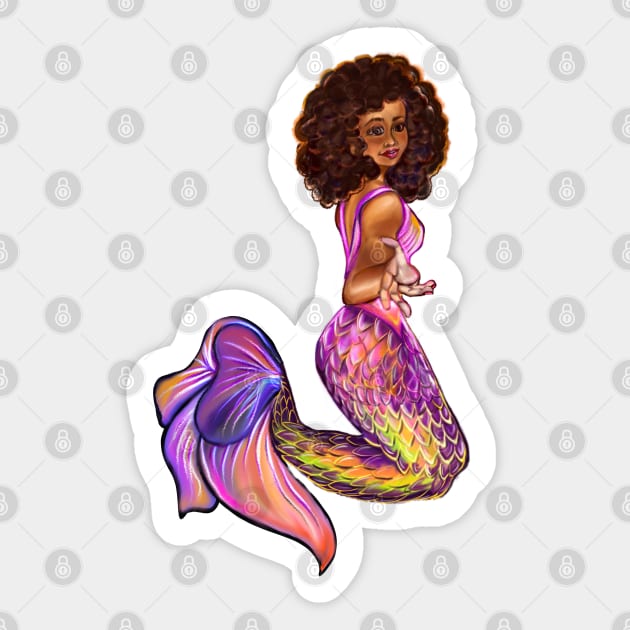 Mermaid  with rainbow coloured colored fins, outstretched  arm, brown eyes, Curly hair  and caramel brown skin - light background Sticker by Artonmytee